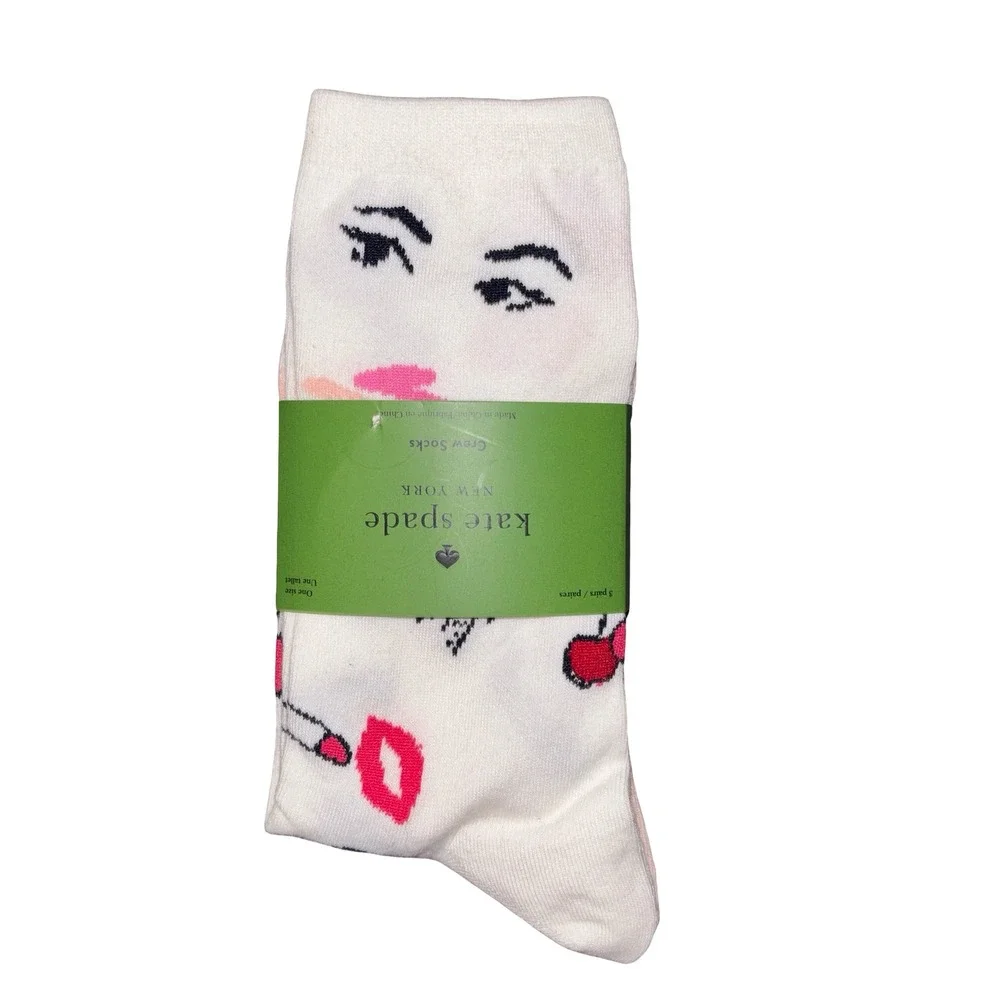 Kate Spade New York Womens 3 Pack Crew Socks Lipstick Face Navy Blue White NWT